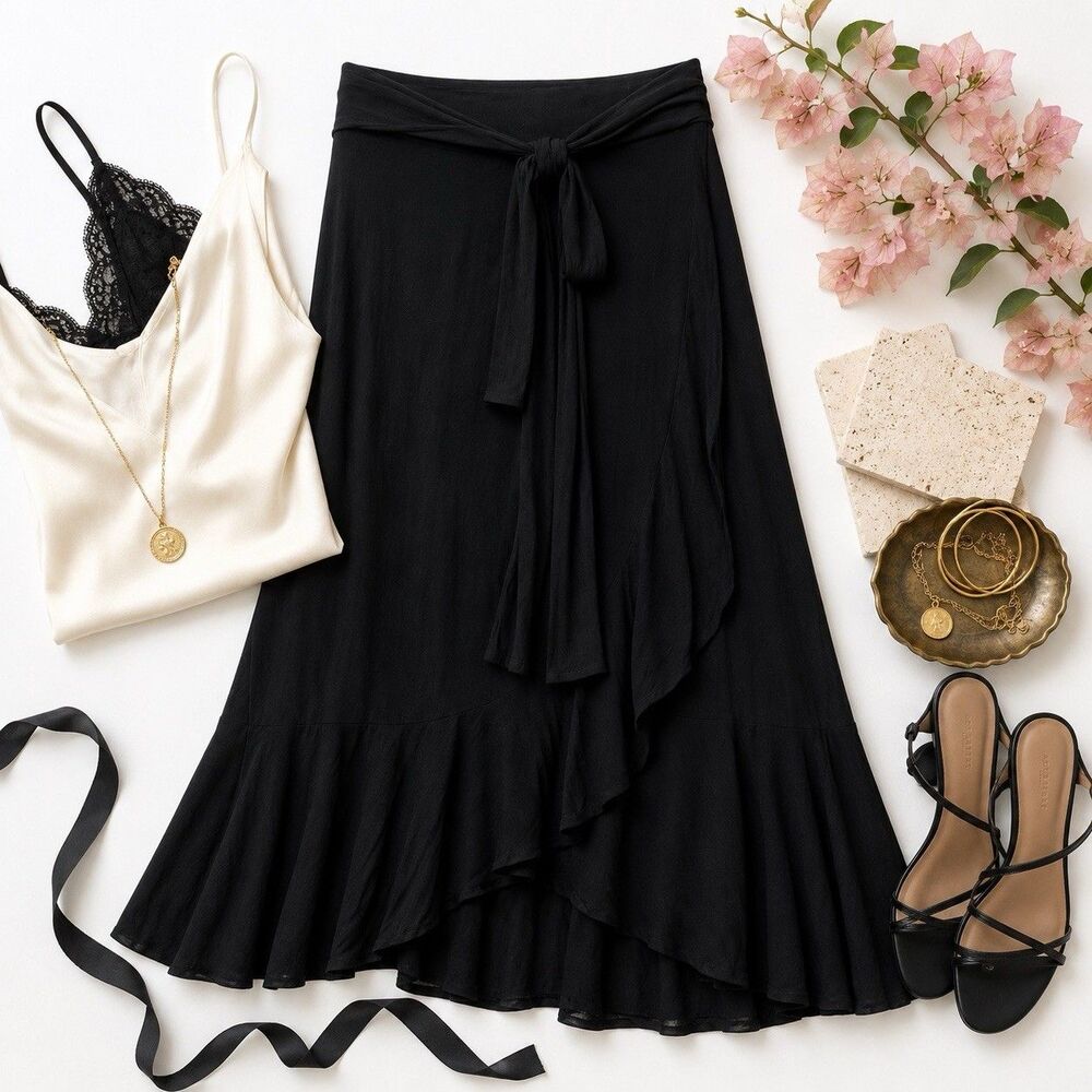 NEW Gap Black Maxi Skirt Tie Waist Ruffle Hem Large Tall NWT Cooling Resort - Picture 1 of 10